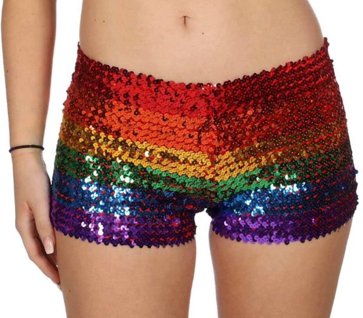 Glitter & Glamour Kostuum | Hotpants Pailletten Regenboog Discorama Vrouw | Small | Carnaval kostuum | Verkleedkleding